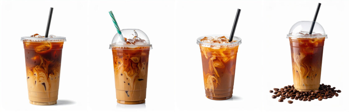 Iced hot drink beverage caffeine drink refreshment cold coffee latte iced coffee cold brew creamy swirl plastic cup dome lid straw morning pick me up smooth energizing