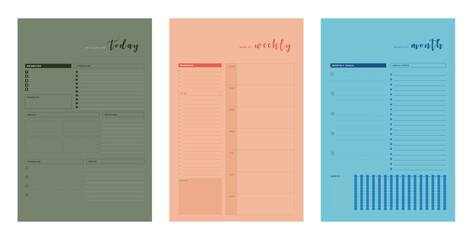 3 set of Today Weekly Monthly Planner. Minimalist planner template set. Vector illustration.