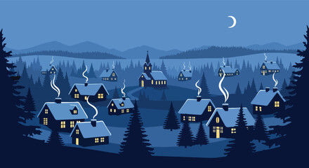 A serene nighttime illustration of a snow-covered village nestled in a forest.