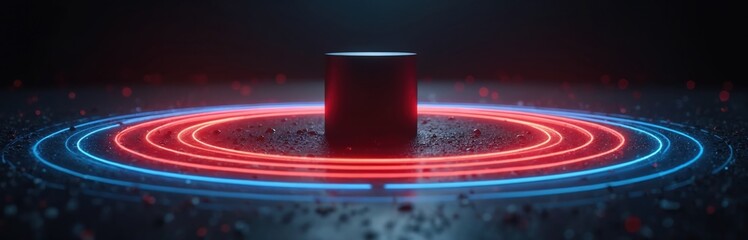 Dark cylinder stands on glowing concentric circles, red and blue neon light rings radiate energy. Abstract futuristic scene suggests tech, science, or mystery.