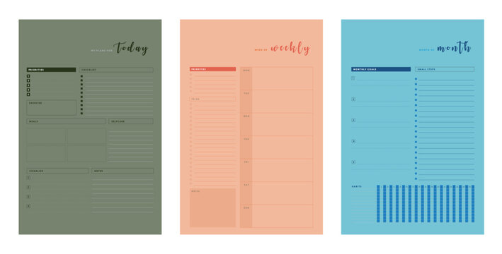 3 set of Today Weekly Monthly Planner. Minimalist planner template set. Vector illustration. - Powered by Adobe