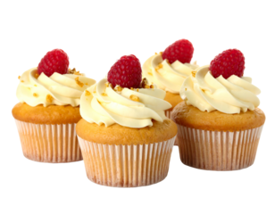 Close-up of four delicious cupcakes. They have swirled frosting, a single raspberry, and some sprinkled nuts on top