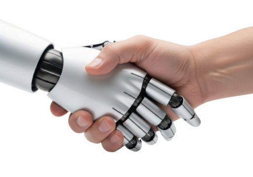 Human hand and robotic arm clasping firmly in a gesture of collaboration and technological advancement isolated on transparent background