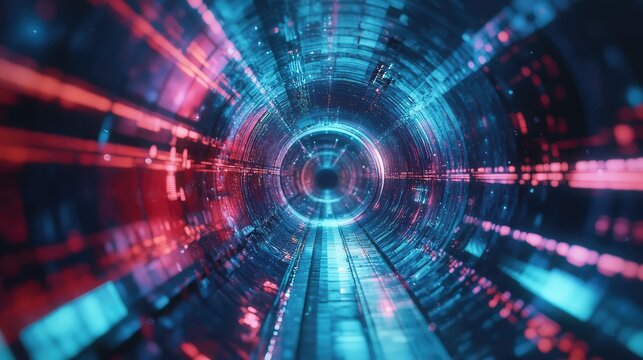 Digital data network moving through futuristic glowing tunnel