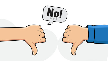 Thumbs down gesture sign of dissatisfaction in cartoon style on white background