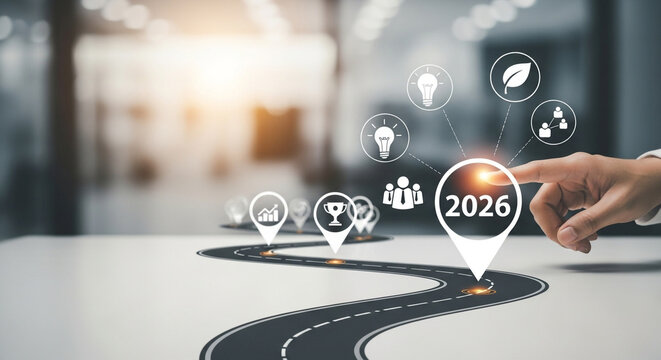 Roadmap to success with innovative planning and collaboration to reach goals in 2026, symbolizing strategic vision and achievement for business growth