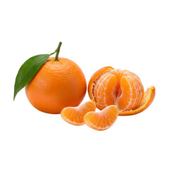 Whole and peeled tangerines mandarin orange with leaf isolated on transparent background