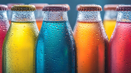 A close-up of colorful, condensation-covered beverage bottles