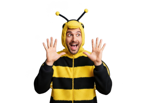 A man dressed as a bee with a funny expression and raised hands isolated on transparent background