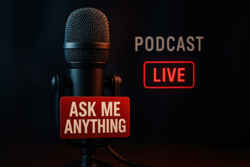 Professional broadcast studio microphone for live podcast with an ask me anything label. This setup for Q and A show evokes vibe of communication and engagement with dramatic lighting