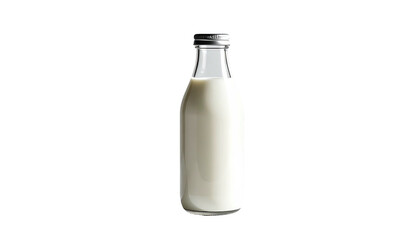 Milk filled clear bottle with shiny metal cap on black background