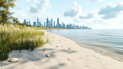 A wide sandy beach in the foreground, clean with natural textures, seashells, and soft footprints in the sand. 