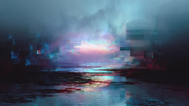 Digital glitch landscape with wet ground and colorful sky - Powered by Adobe
