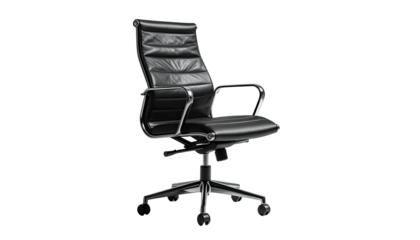 Black leather office chair, ribbed, aluminum frame on black background
