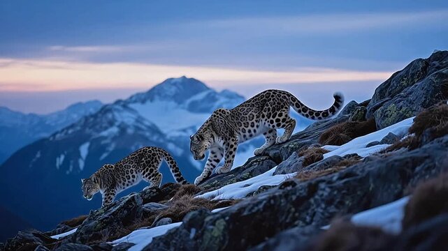 Two snow leopards on rocky mountain