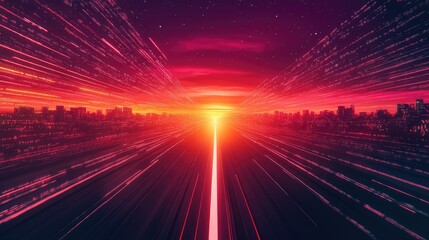 Glowing digital data speed lines over city