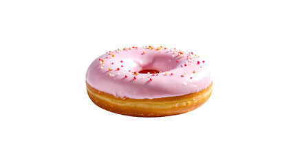 Pink frosted donut covered in rainbow sprinkles on black field