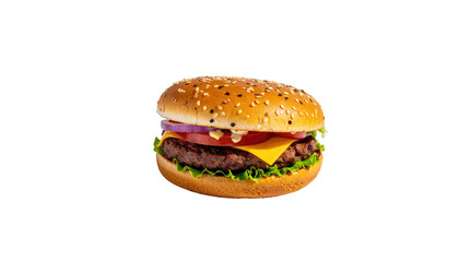 Hamburger features beef, cheese, vegetables, and sesame bun