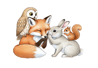 Adorable woodland creatures fox owl rabbit squirrel sharing tender moment of friendship and peace