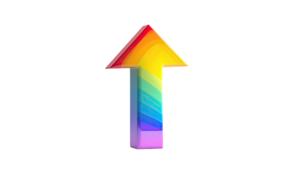 Rainbow-striped upward pointing arrow, isolated against black