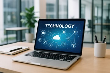 Laptop displaying technology interface with cloud computing and connectivity icons, symbolizing digital innovation and the evolution of modern tech solutions.