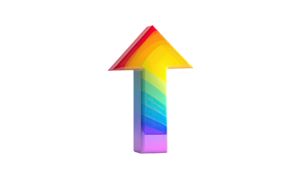 Rainbow-striped upward pointing arrow, isolated against black