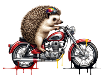 Whimsical hedgehog biker cruises on vintage motorcycle, wearing colorful helmet and goggles, ready for adventure