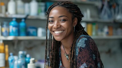 Smiling female African store attendant in a vibrant local shop engaging customers with a welcoming presence