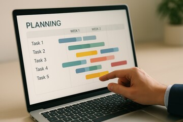 Close-up of a professional examining a project management plan on a laptop screen. Concept of organization, time management, and productivity in modern teamwork.
