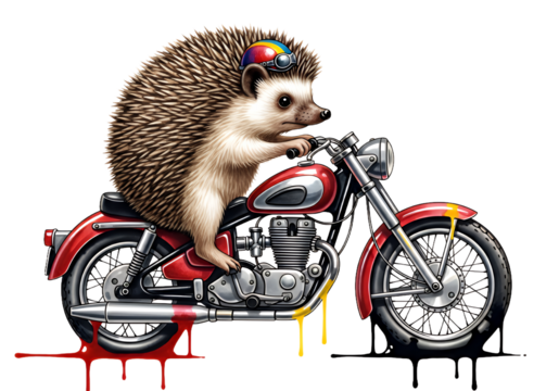 Whimsical hedgehog biker cruises on vintage motorcycle, wearing colorful helmet and goggles, ready for adventure