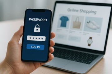 Person logging into an online shopping platform using a mobile device, symbolizing digital security, e-commerce, and user authentication in the modern retail landscape.
