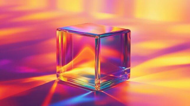 Glass cube refracting colorful light creating abstract background