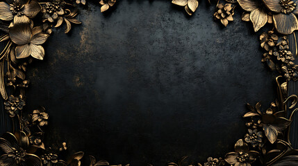 Dark wooden gold floral border with gold embedded into a black concrete wall