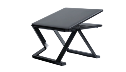 Angled laptop rests on a black, adjustable, Z-shaped stand