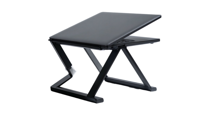 Angled laptop rests on a black, adjustable, Z-shaped stand