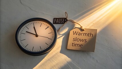 Clock with Pause Tag as Shadowed Sunset Suggests Slow Time