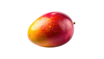 Smooth, ripe mango with yellow and red skin against black backdrop