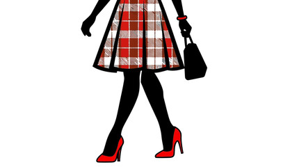 Fashionable woman in plaid dress and red heels walking silhouette art