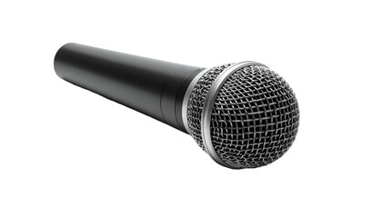 Isolated black microphone, silver mesh head against black background