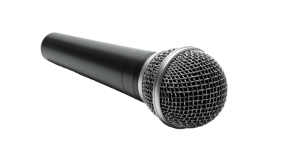 Isolated black microphone, silver mesh head against black background