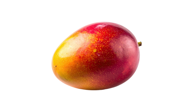 Smooth, ripe mango with yellow and red skin against black backdrop