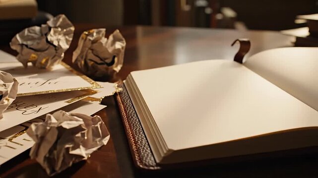 Open notebook with crumpled paper and writing: a writer's block concept in dim light