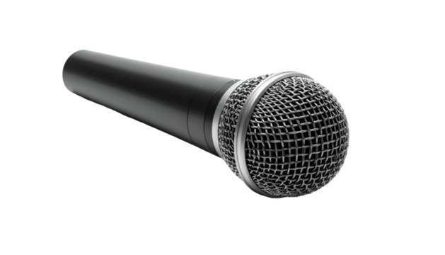 Isolated black microphone, silver mesh head against black background