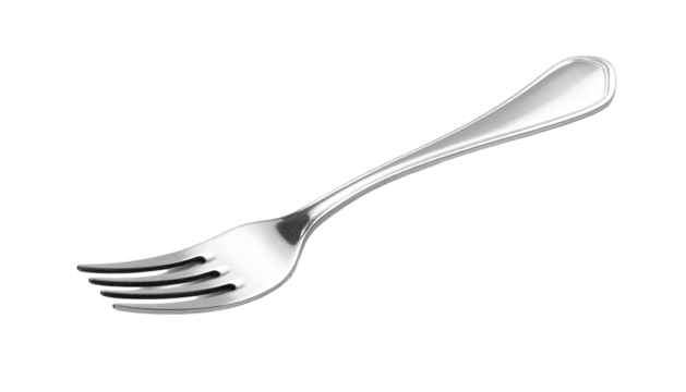 Silver fork with four tines, shining against a dark background