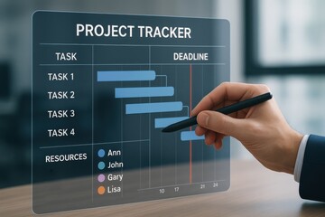 Business professional managing project timeline using digital Gantt chart for task tracking and resource allocation. Concept of project management, efficiency, and teamwork in a modern workspace.