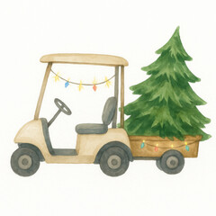 Cheerful watercolor illustration depicts festive golf cart pulling decorated Christmas tree. holiday scene isolated on clean white background creates joyful winter wonderland image