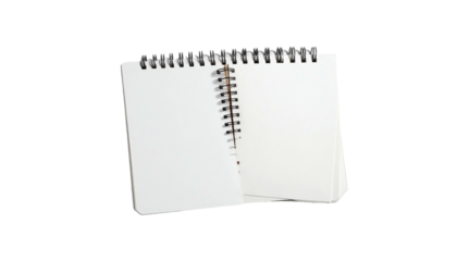 Blank white spiral-bound notebook opened on black