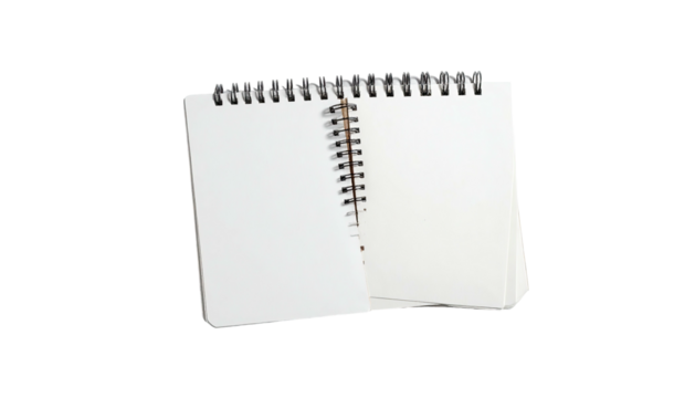 Blank white spiral-bound notebook opened on black