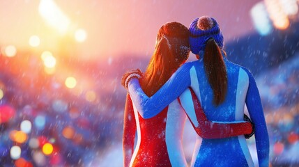Female Athletes Hugging After Winter Race, Celebration Moment. Concept for the Winter Sport Games 2026.