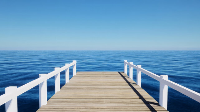 Wooden pier, white railing, blue sky, calm sea, tranquil, peaceful, summer day